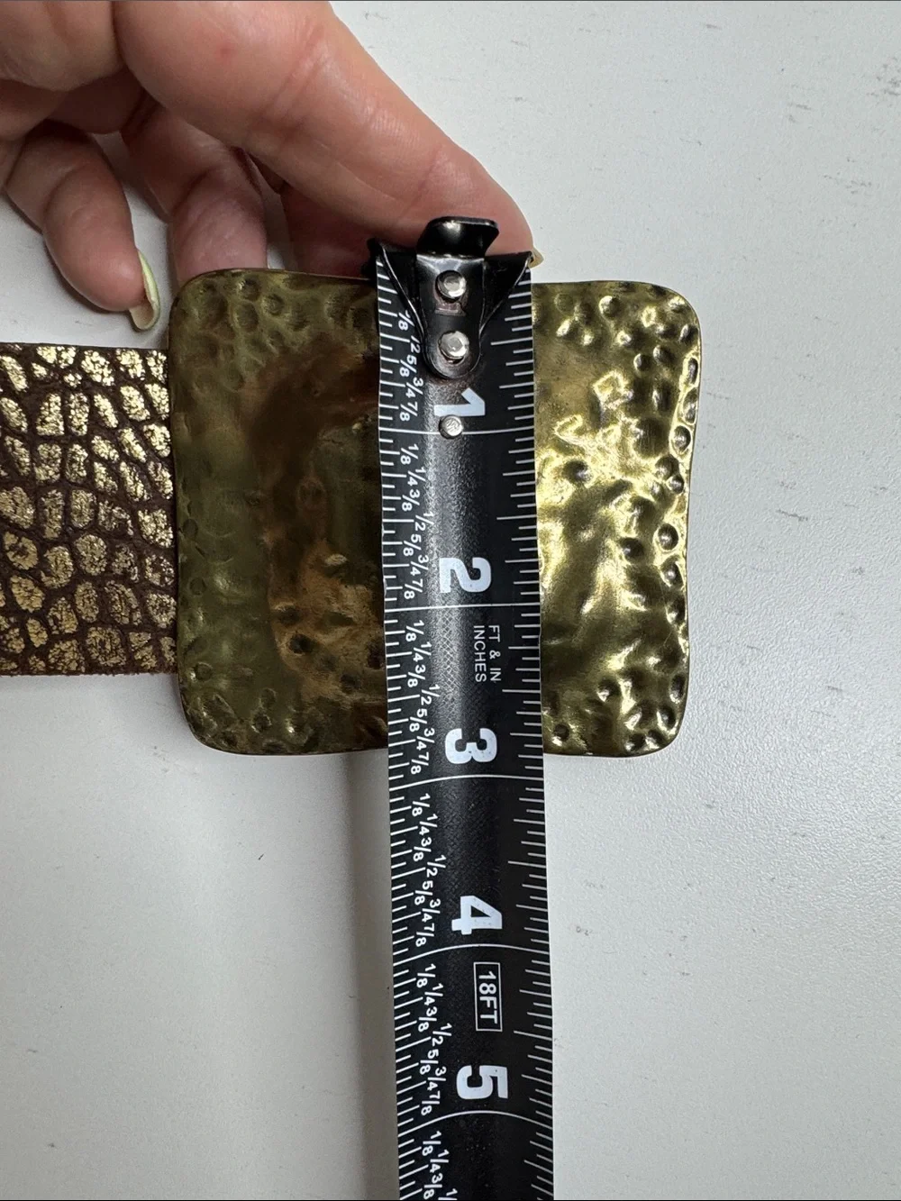 Chico’s Genuine Leather Wide Croc Embossed Belt with Hammered Brass Buckle